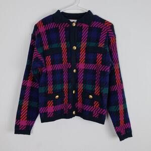 Vintage Westbound Petites Colorful Plaid Black Cardigan Sweater Size Small